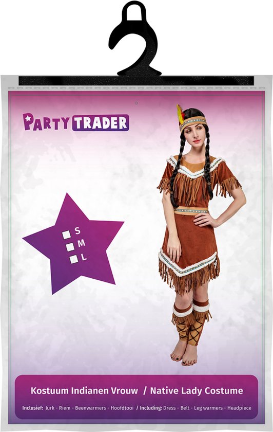 Costume de femme indienne – comprenant robe, Riem, Jambières et coiffe – Carnaval et Déguisements – ​​Taille M