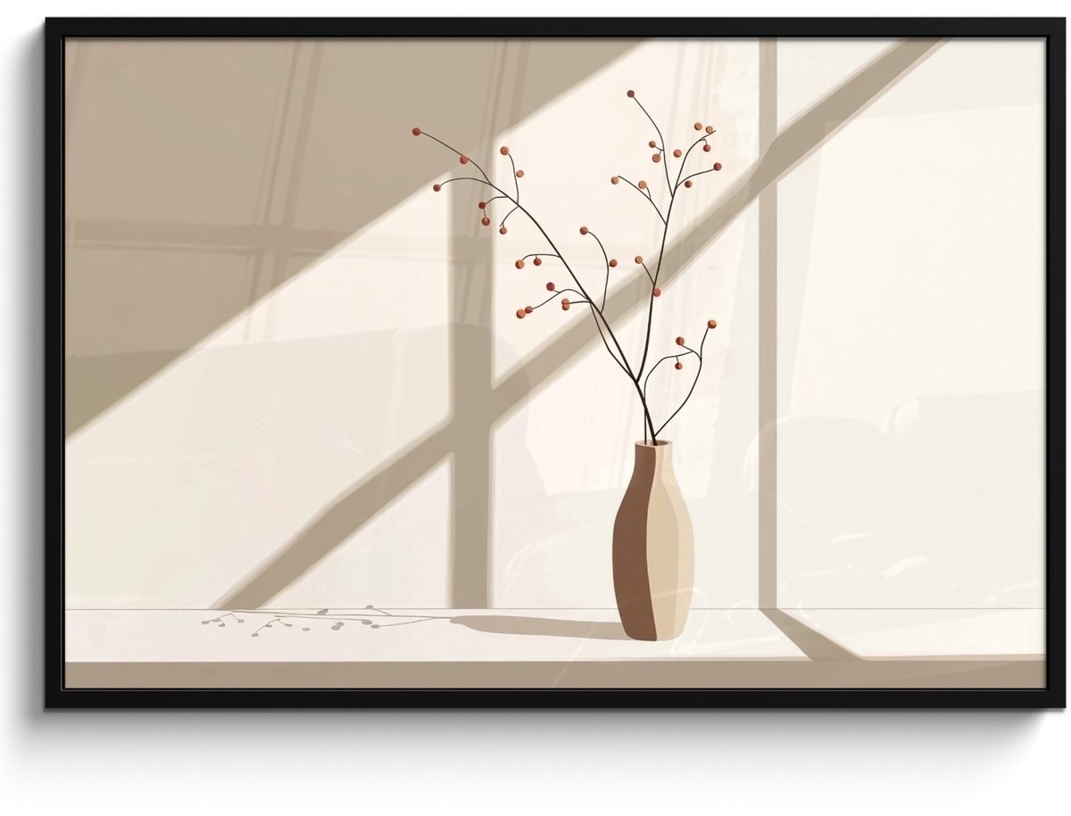 FrameYourWall Poster in lijst - Fotolijst 120x80 cm - Posters - Vaas - Takken - Bessen - Minimalistisch - Posterlijst zwart - Decoratie - Wanddecoratie woonkamer - Muurdecoratie slaapkamer