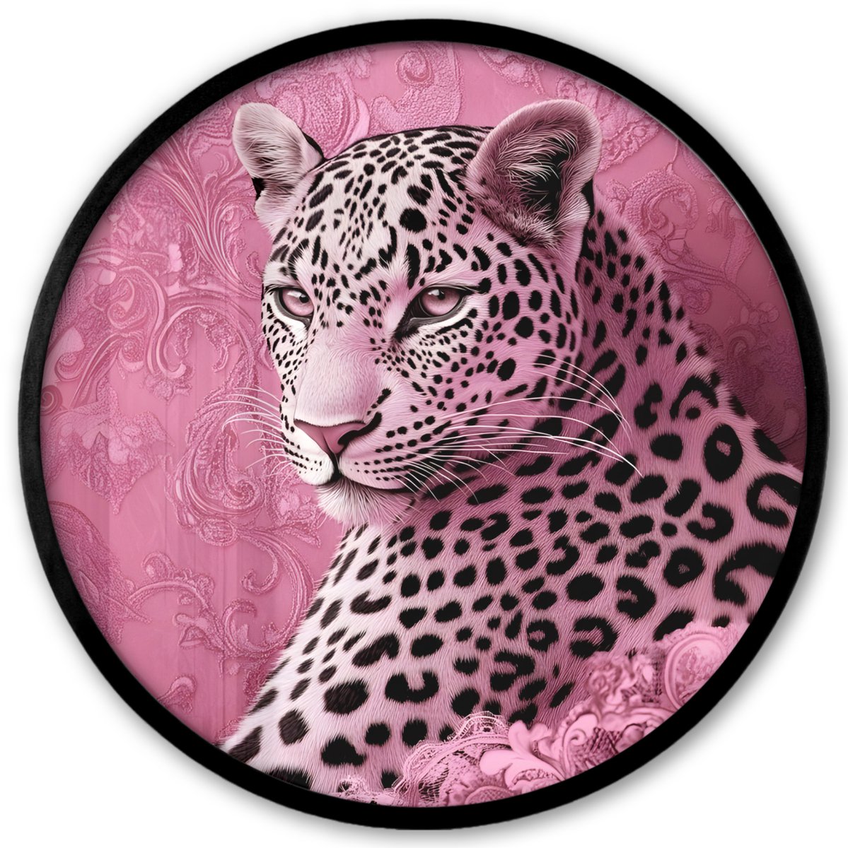 FrameYourWall Poster in lijst Rond - Fotolijst 40x40 cm - Posters - Panter - Luxe - Roze - Ronde posterlijst zwart - Decoratie - Wanddecoratie woonkamer - Muurdecoratie slaapkamer
