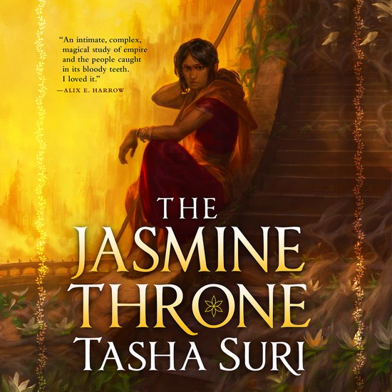 Een vrouw in een rode sari zit op trappen onder een gouden gloed, met de titel "The Jasmine Throne Tasha Suri" op de voorkant.