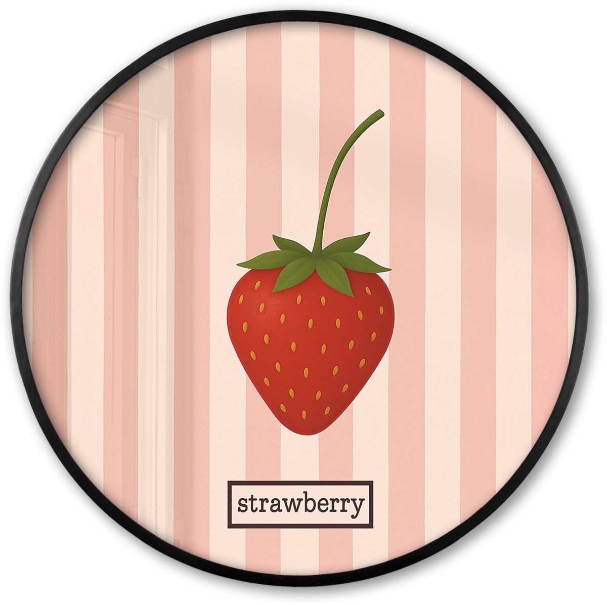 FrameYourWall Poster in lijst Rond - Fotolijst 60x60 cm - Posters - Aardbei - Strepen - Minimalistisch - Rood - Ronde posterlijst zwart - Decoratie - Wanddecoratie woonkamer - Muurdecoratie slaapkamer