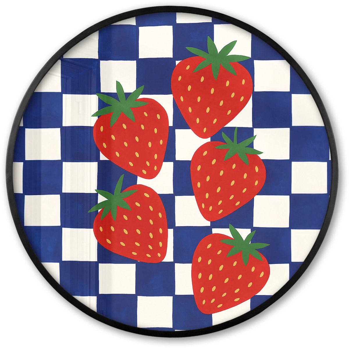 FrameYourWall Poster in lijst Rond - Fotolijst 60x60 cm - Posters - Geblokt - Blauw - Aardbeien - Ronde posterlijst zwart - Decoratie - Wanddecoratie woonkamer - Muurdecoratie slaapkamer