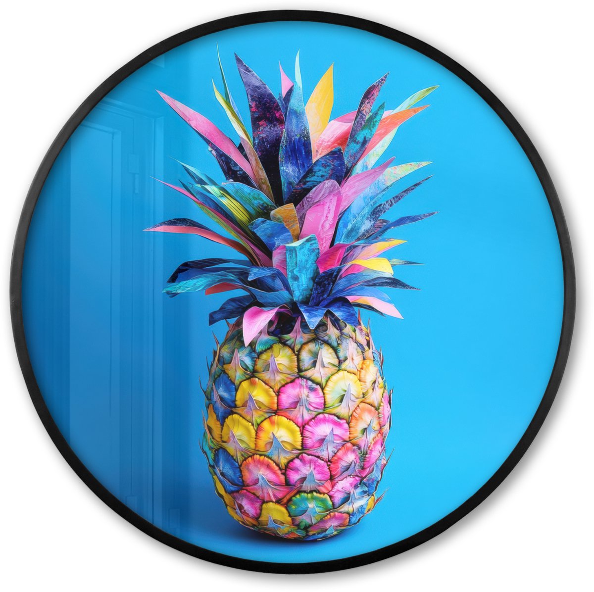 FrameYourWall Poster in lijst Rond - Fotolijst 60x60 cm - Posters - Ananas - Blauw - Tropisch - Vrolijk - Ronde posterlijst zwart - Decoratie - Wanddecoratie woonkamer - Muurdecoratie slaapkamer Ananas - Tropisch