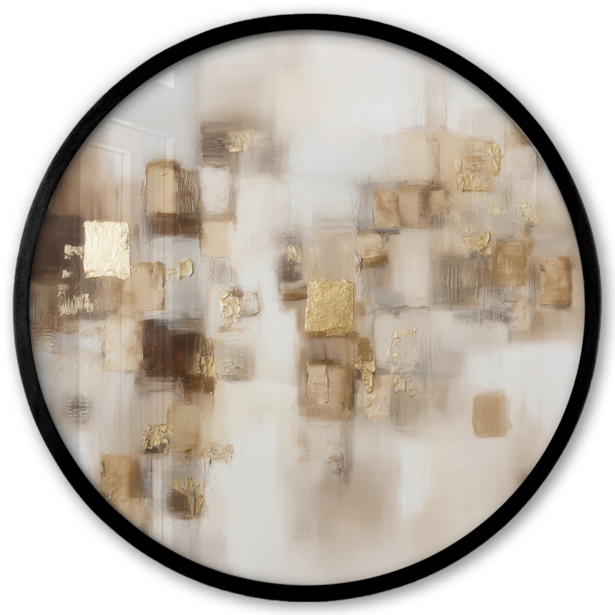 FrameYourWall Poster in lijst Rond - Fotolijst 40x40 cm - Posters - Abstracte vierkanten - Aardetonen - Mistig - Ronde posterlijst zwart - Decoratie - Wanddecoratie woonkamer - Muurdecoratie slaapkamer Aardetonen - Mistig - Abstract