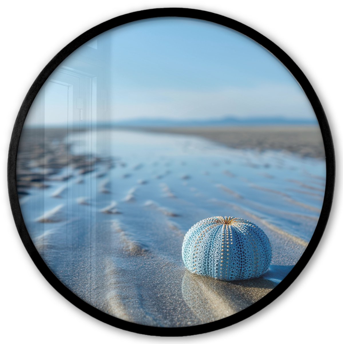 FrameYourWall Poster in lijst Rond - Fotolijst 40x40 cm - Posters - Strand - Schild - Water - Blauw - Ronde posterlijst zwart - Decoratie - Wanddecoratie woonkamer - Muurdecoratie slaapkamer Strand - Water