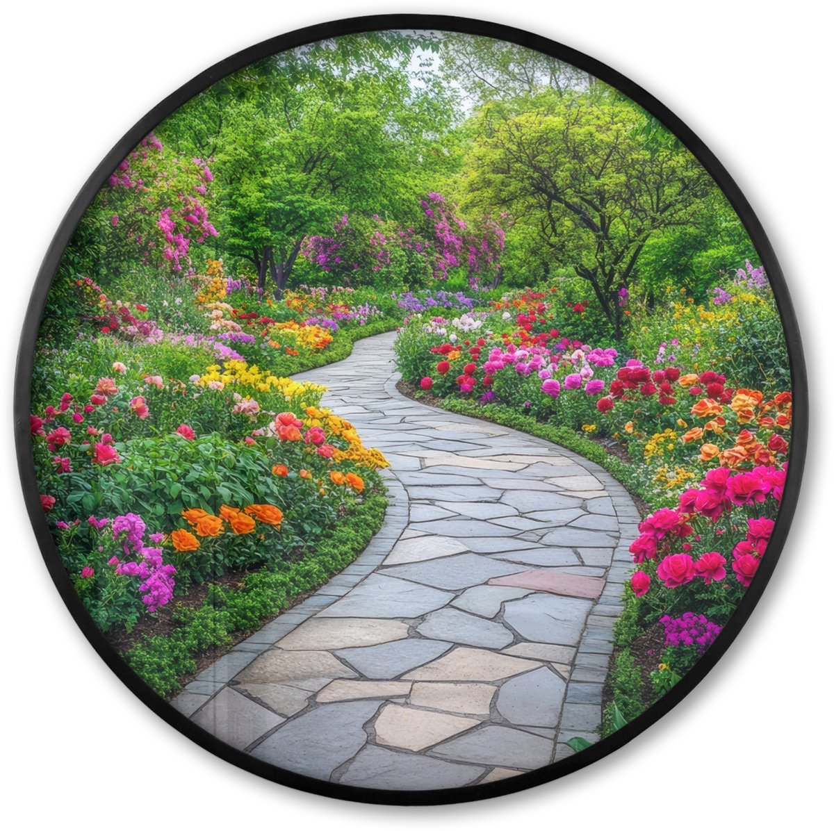 FrameYourWall Poster in lijst Rond - Fotolijst 80x80 cm - Posters - Park - Bloemen - Tuin - Ronde posterlijst zwart - Decoratie - Wanddecoratie woonkamer - Muurdecoratie slaapkamer