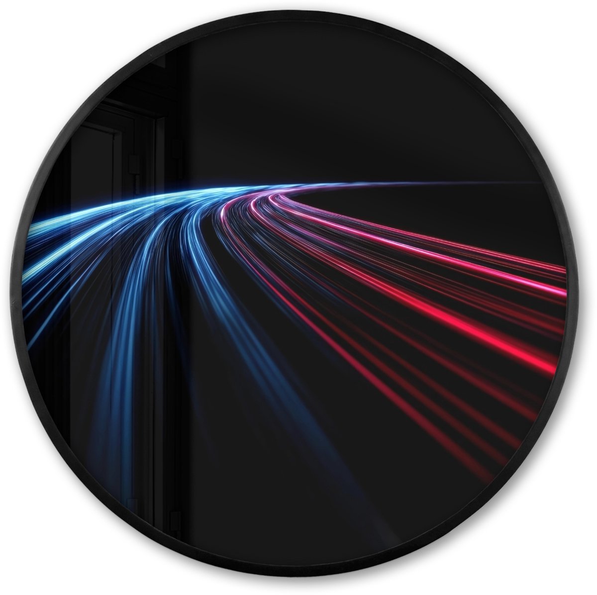 FrameYourWall Poster in lijst Rond - Fotolijst 60x60 cm - Posters - Gaming - Strepen - Gebogen - Blauw - Ronde posterlijst zwart - Decoratie - Wanddecoratie woonkamer - Muurdecoratie slaapkamer Lichtbanen