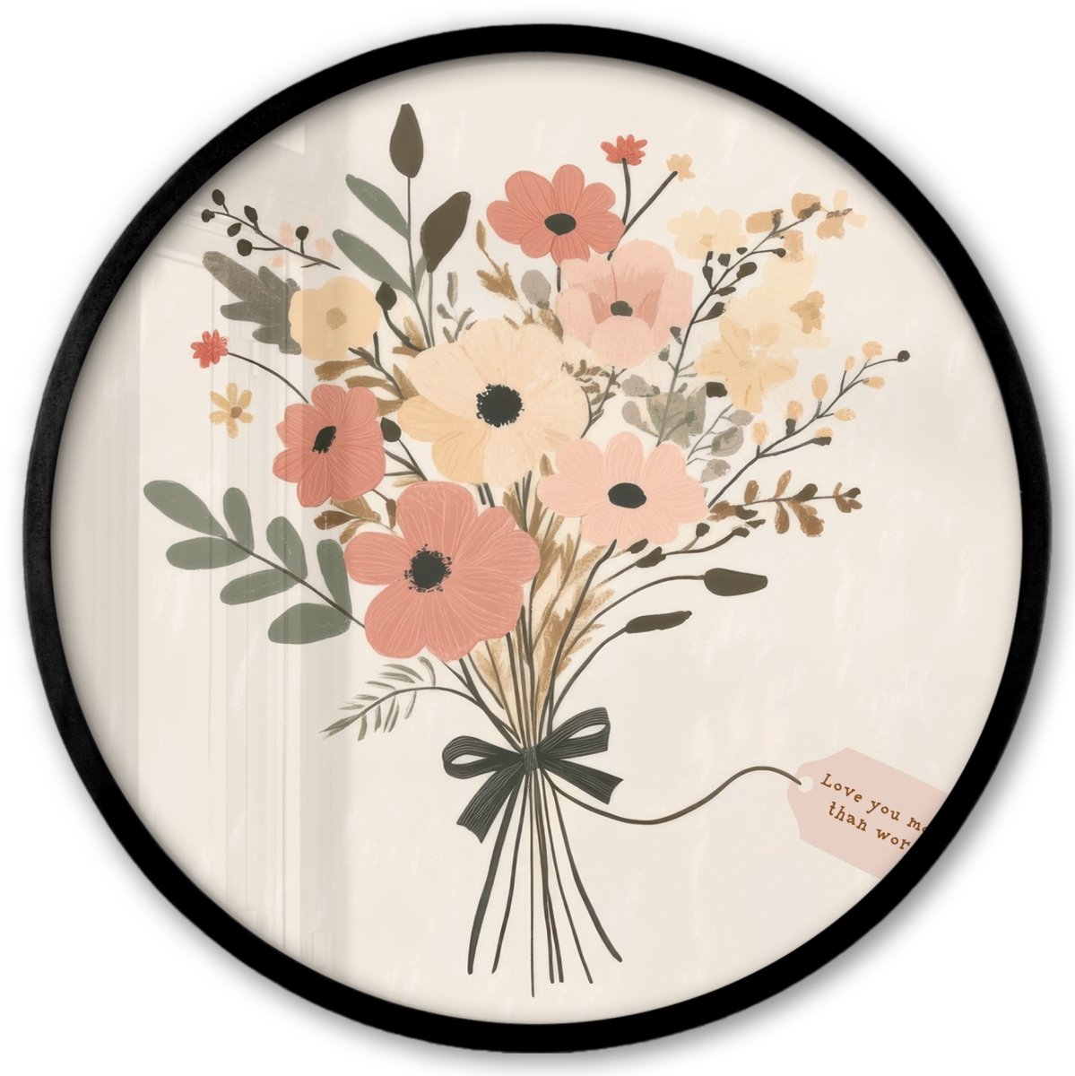 FrameYourWall Poster in lijst Rond - Fotolijst 40x40 cm - Posters - Bloemen - Quote - Beige - Lint - Ronde posterlijst zwart - Decoratie - Wanddecoratie woonkamer - Muurdecoratie slaapkamer Boeket - Kaartje