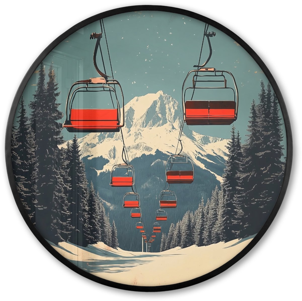 FrameYourWall Poster in lijst Rond - Fotolijst 80x80 cm - Posters - Sneeuw - Skilift - Rood - Bomen - Ronde posterlijst zwart - Decoratie - Wanddecoratie woonkamer - Muurdecoratie slaapkamer Skilift - Bergen - Sneeuw