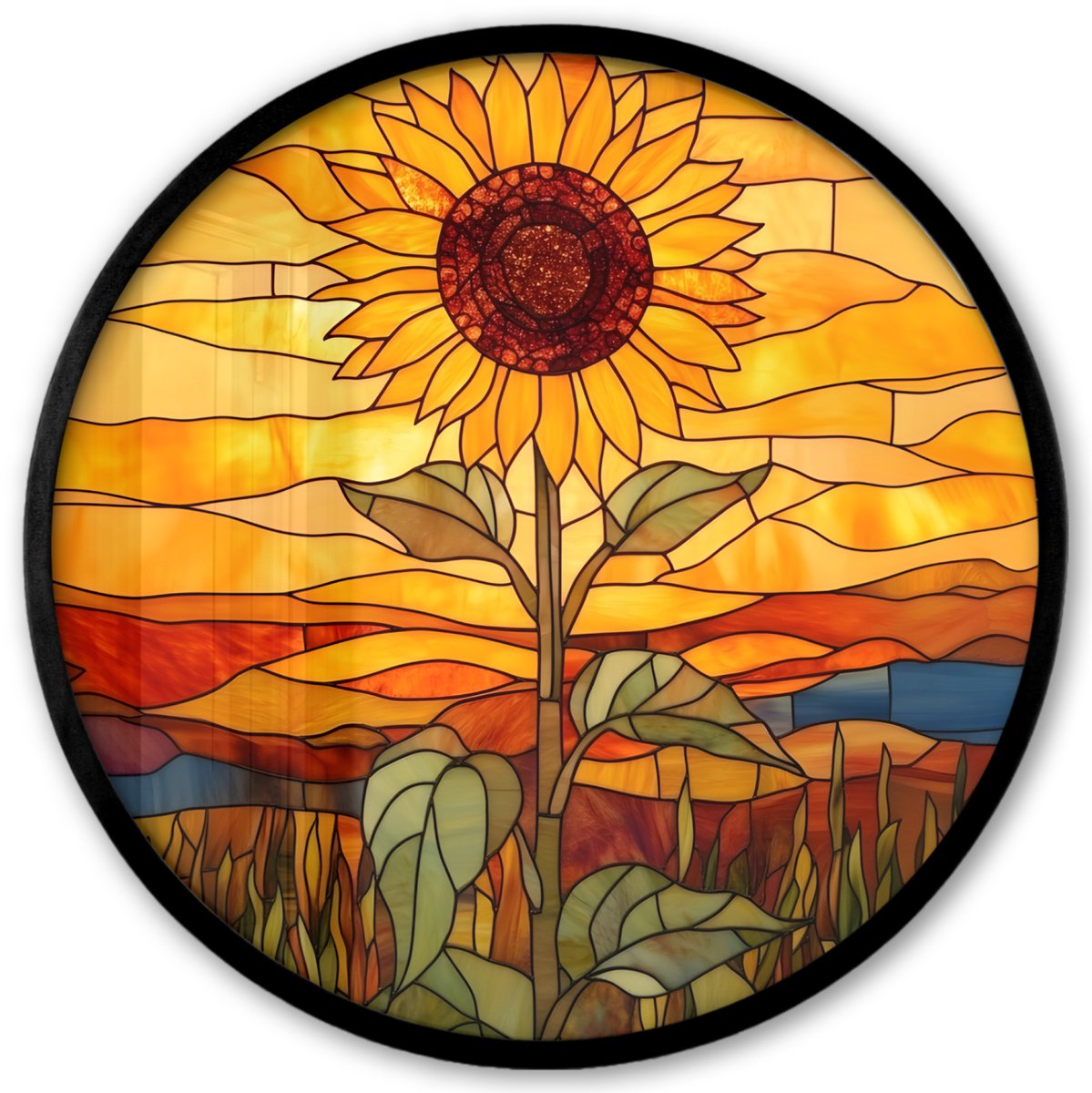 FrameYourWall Poster in lijst Rond - Fotolijst 40x40 cm - Posters - Zonnebloem - Mozaïek - Zonsondergang - Geel - Ronde posterlijst zwart - Decoratie - Wanddecoratie woonkamer - Muurdecoratie slaapkamer