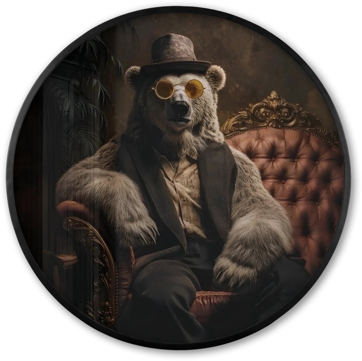 FrameYourWall Poster in lijst Rond - Fotolijst 60x60 cm - Posters - Ijsbeer - Hoed - Bril - Stoel - Ronde posterlijst zwart - Decoratie - Wanddecoratie woonkamer - Muurdecoratie slaapkamer