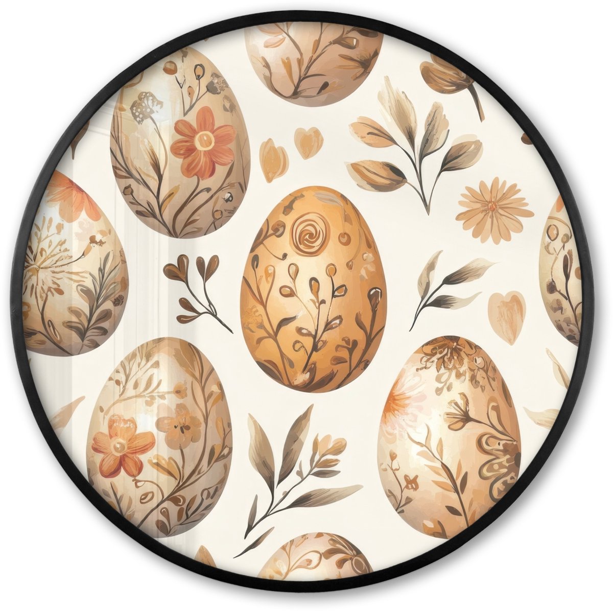 FrameYourWall Poster in lijst Rond - Fotolijst 80x80 cm - Posters - Paaseieren - Bruin - Bloemen - Ronde posterlijst zwart - Decoratie - Wanddecoratie woonkamer - Muurdecoratie slaapkamer Pasen