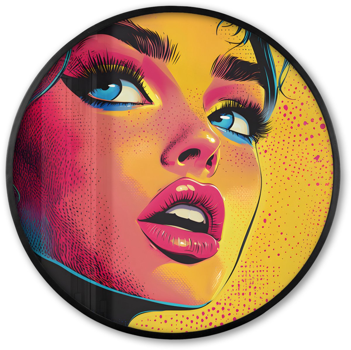 FrameYourWall Poster in lijst Rond - Fotolijst 60x60 cm - Posters - Close-up - Vrouwengezicht - Stippen - Geel - Ronde posterlijst zwart - Decoratie - Wanddecoratie woonkamer - Muurdecoratie slaapkamer Gezicht - Vrouw