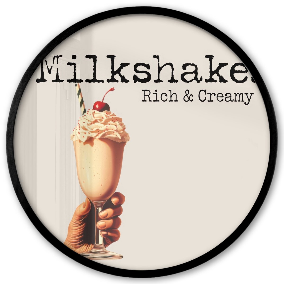 FrameYourWall Poster in lijst Rond - Fotolijst 40x40 cm - Posters - Milkshake - Kers - Rietje - Ronde posterlijst zwart - Decoratie - Wanddecoratie woonkamer - Muurdecoratie slaapkamer Milkshake - Tekst