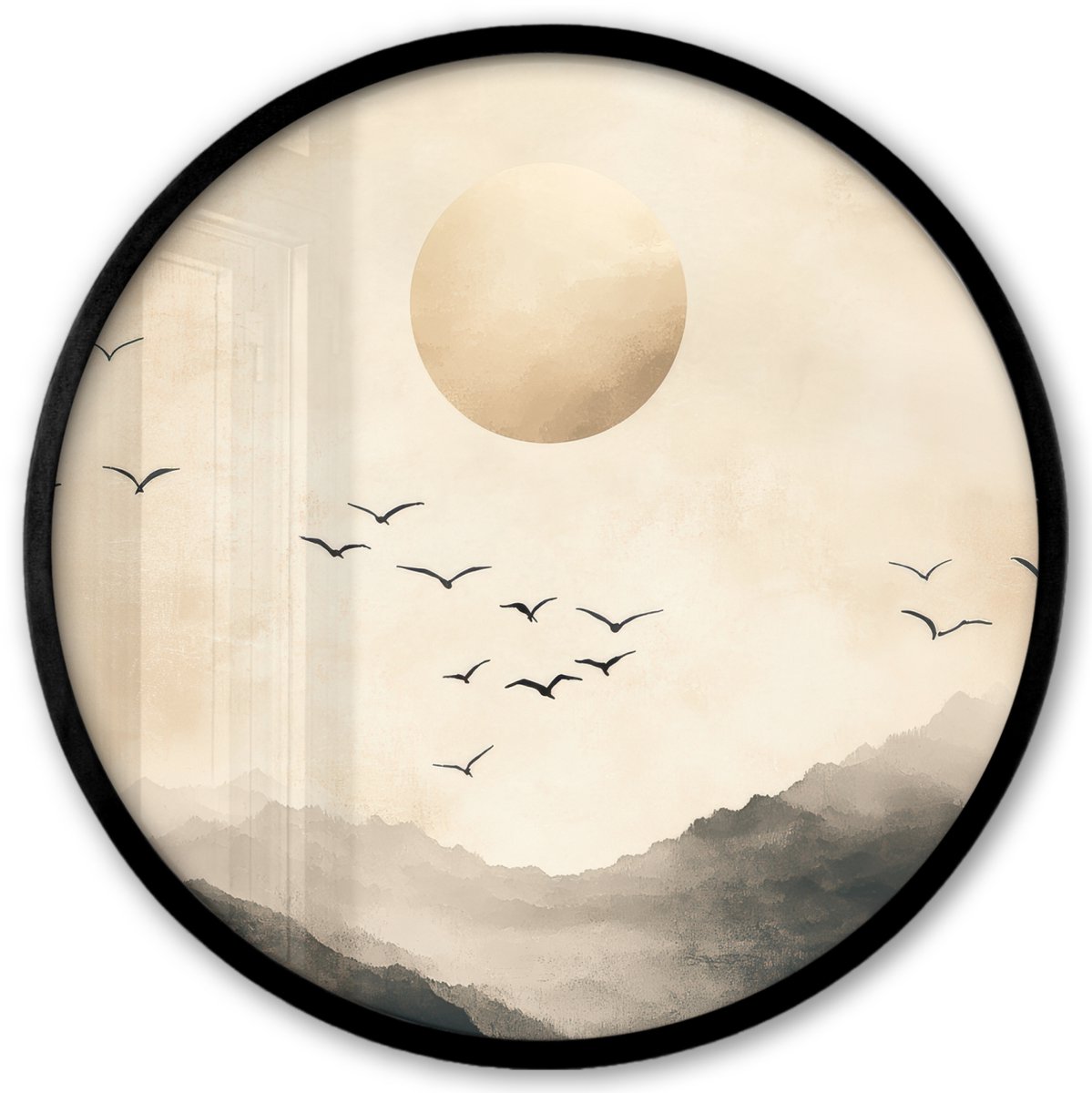 FrameYourWall Poster in lijst Rond - Fotolijst 40x40 cm - Posters - Landschap - Japandi - vogel - Ronde posterlijst zwart - Decoratie - Wanddecoratie woonkamer - Muurdecoratie slaapkamer