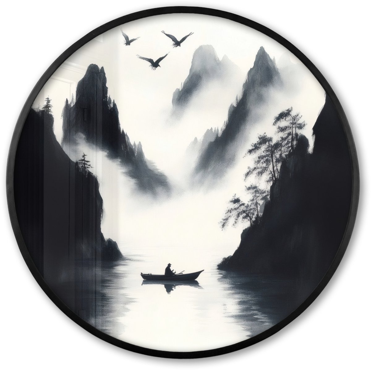 FrameYourWall Poster in lijst Rond - Fotolijst 80x80 cm - Posters - Roeiboot - Mistig - Bergen - Vogels - Ronde posterlijst zwart - Decoratie - Wanddecoratie woonkamer - Muurdecoratie slaapkamer Roeibooit - Bergen
