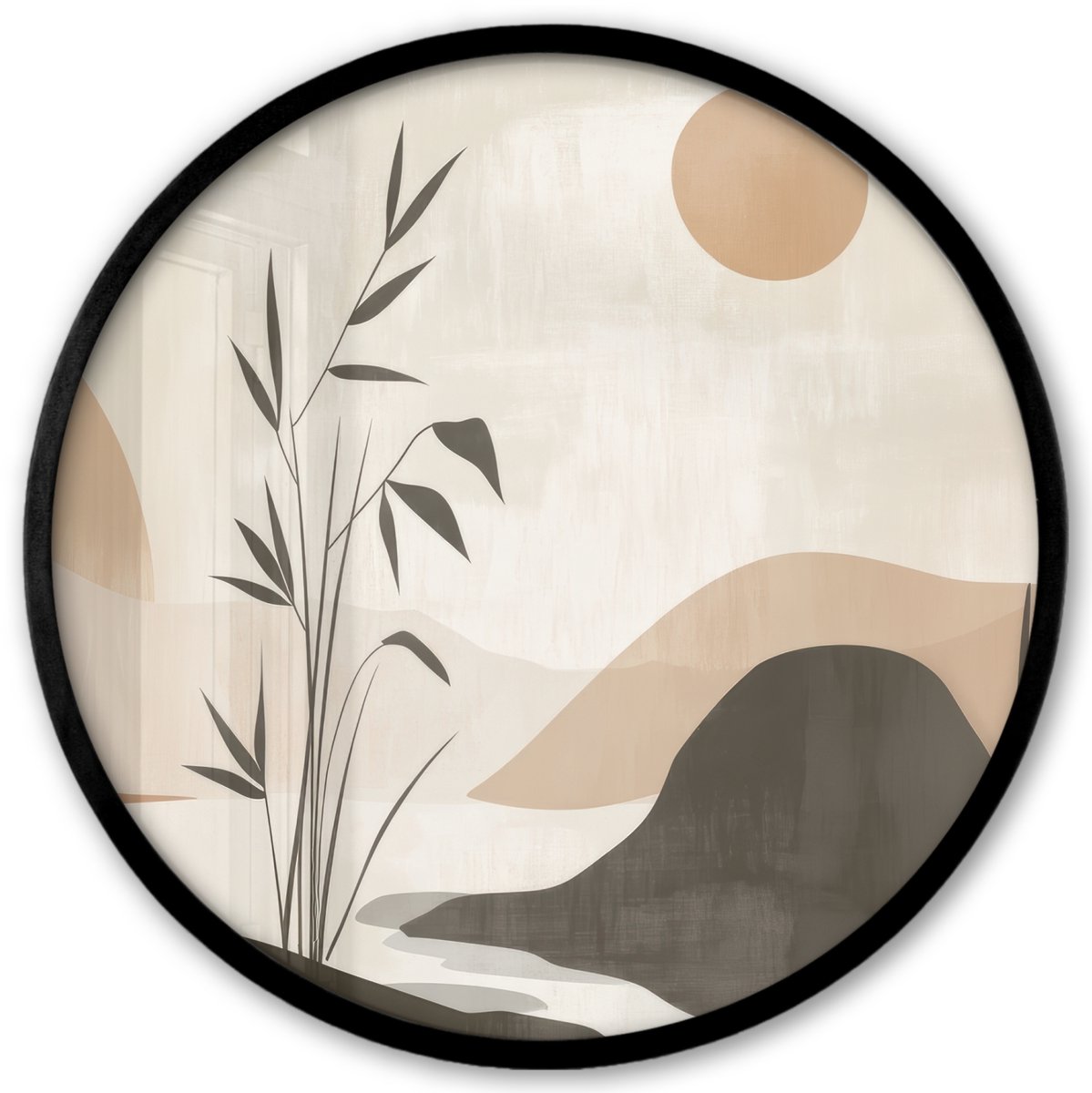 FrameYourWall Poster in lijst Rond - Fotolijst 40x40 cm - Posters - Japandi - Landschap - Beige - Ronde posterlijst zwart - Decoratie - Wanddecoratie woonkamer - Muurdecoratie slaapkamer Natuur