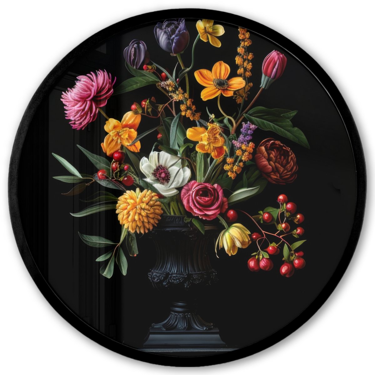FrameYourWall Poster in lijst Rond - Fotolijst 40x40 cm - Posters - Sierlijk - Boeket - Bladeren - Ronde posterlijst zwart - Decoratie - Wanddecoratie woonkamer - Muurdecoratie slaapkamer Boeket - Bloemen 4