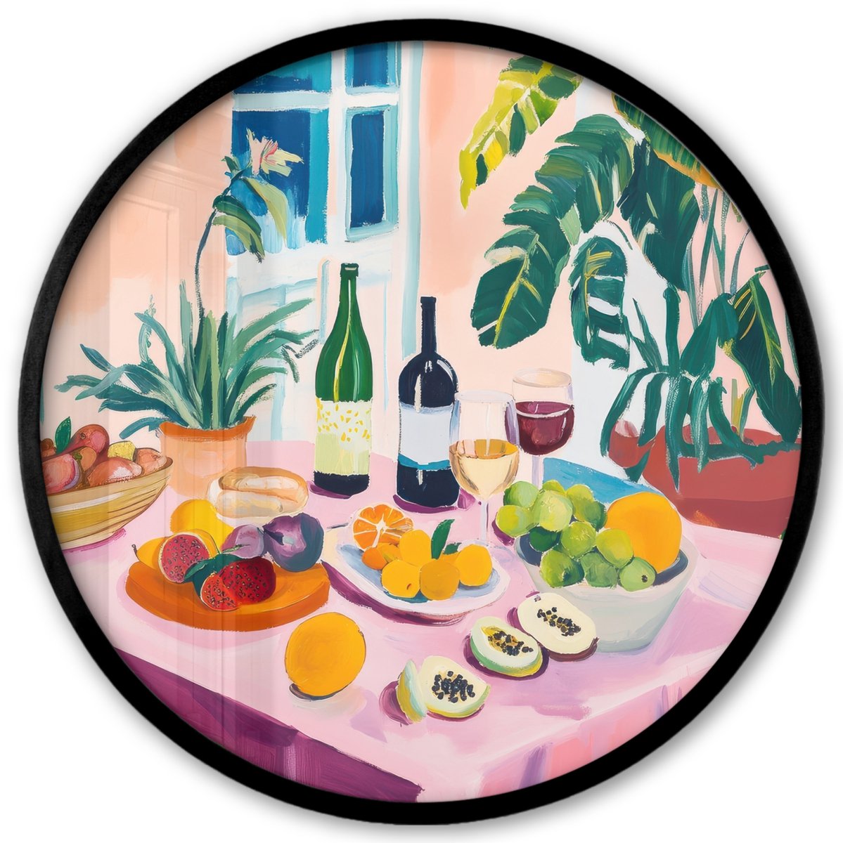 FrameYourWall Poster in lijst Rond - Fotolijst 40x40 cm - Posters - Tafel - Wijn - Fruit - Ronde posterlijst zwart - Decoratie - Wanddecoratie woonkamer - Muurdecoratie slaapkamer