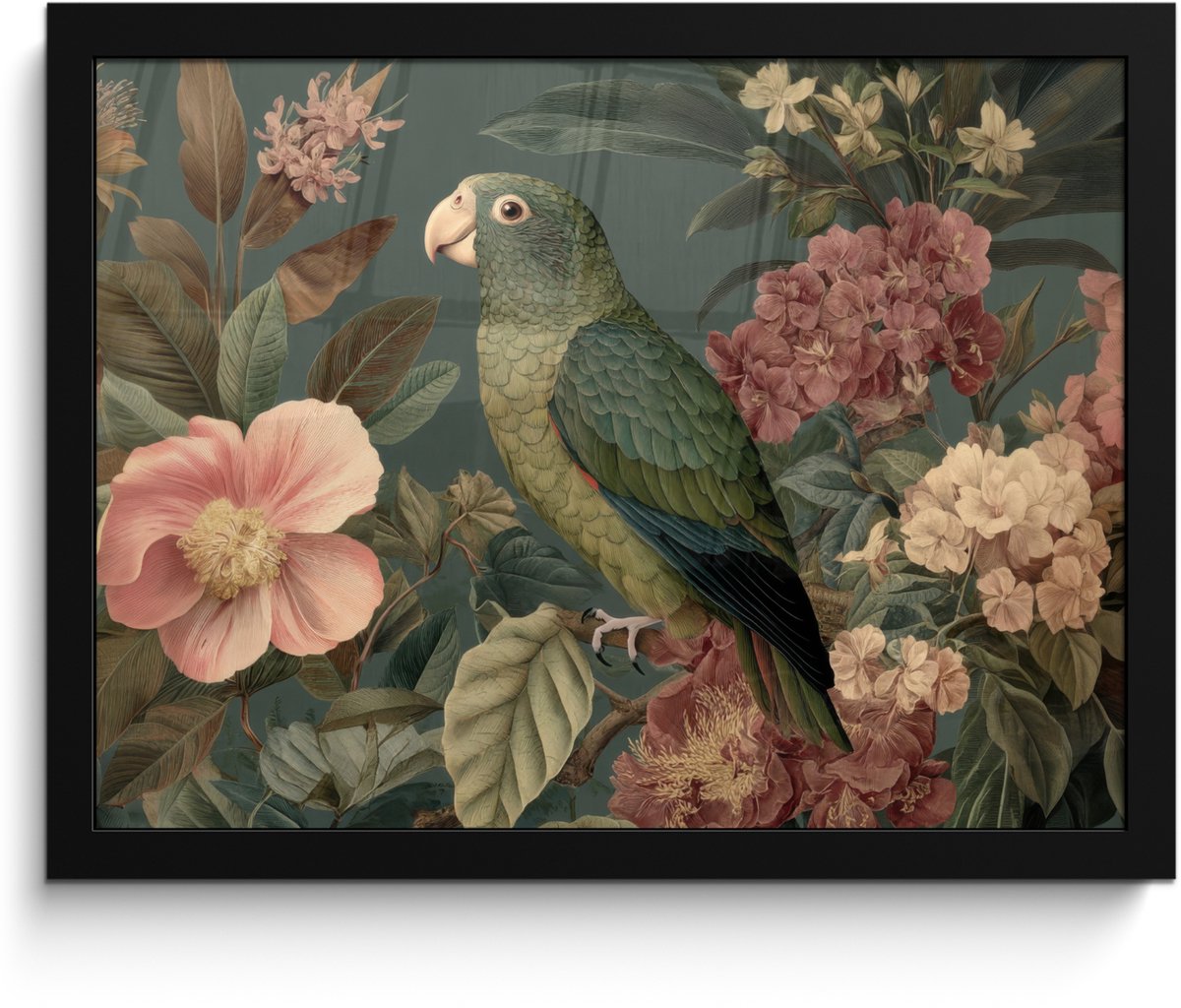 FrameYourWall Poster in lijst - Fotolijst 40x30 cm - Posters - Groene papegaai - Kleurrijke bloemen - Donkere achtergrond - Posterlijst zwart - Decoratie - Wanddecoratie woonkamer - Muurdecoratie slaapkamer Papegaai - Bloemen