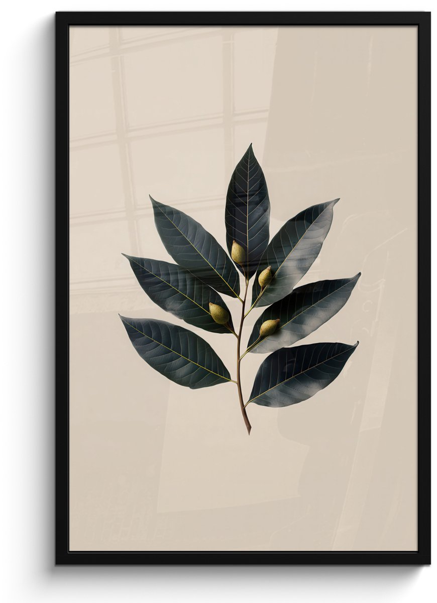 FrameYourWall Poster in lijst - Fotolijst 60x90 cm - Posters - Laurierbladeren - Bloemknoppen - subtiel - Posterlijst zwart - Decoratie - Wanddecoratie woonkamer - Muurdecoratie slaapkamer