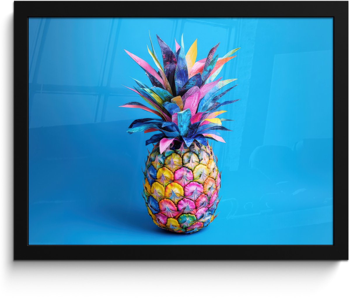 FrameYourWall Poster in lijst - Fotolijst 40x30 cm - Posters - Ananas - Blauw - Tropisch - Vrolijk - Posterlijst zwart - Decoratie - Wanddecoratie woonkamer - Muurdecoratie slaapkamer Ananas - Tropisch