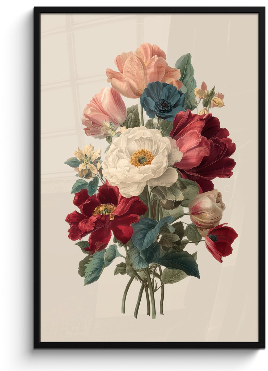 FrameYourWall Poster in lijst - Fotolijst 80x120 cm - Posters - Boeket - Warme tinten - Elegant - Posterlijst zwart - Decoratie - Wanddecoratie woonkamer - Muurdecoratie slaapkamer Boeket - Elegant