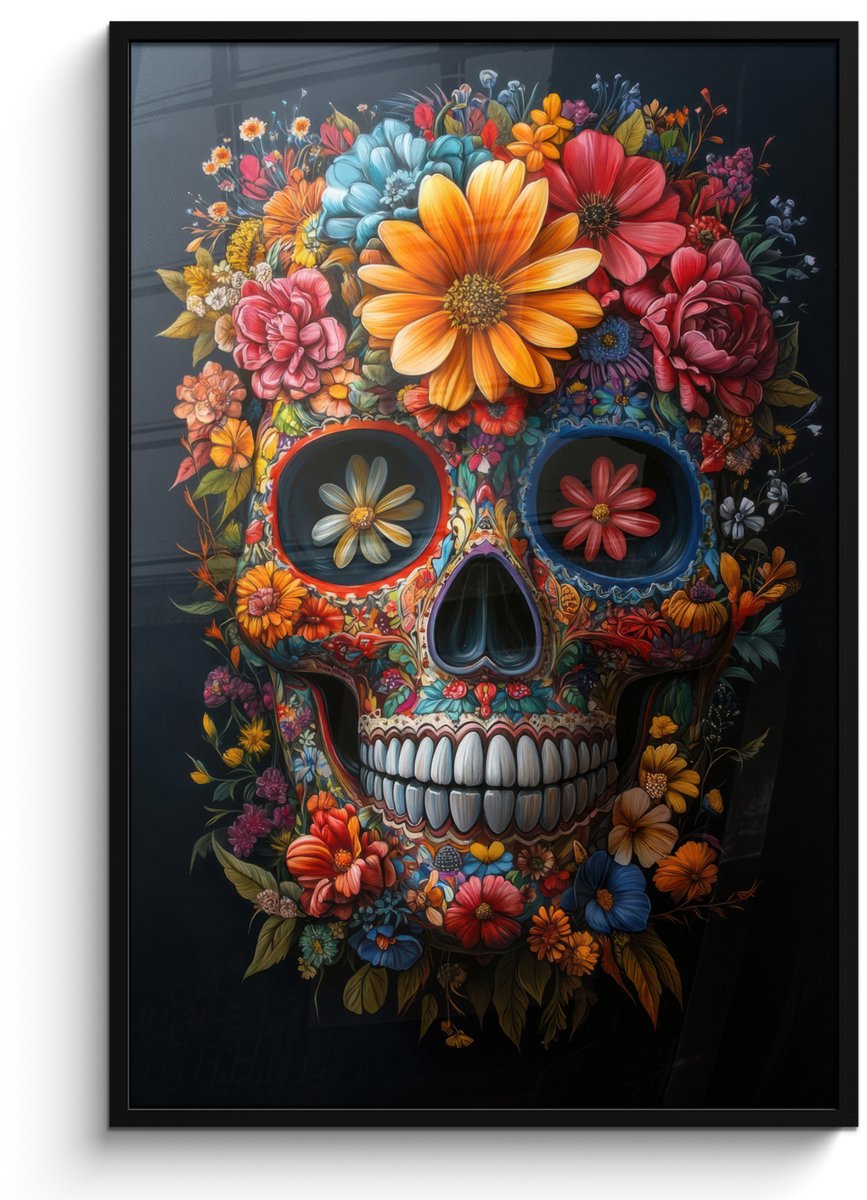 FrameYourWall Poster in lijst - Fotolijst 80x120 cm - Posters - Bloemen - Kleurrijk - Schedel - Posterlijst zwart - Decoratie - Wanddecoratie woonkamer - Muurdecoratie slaapkamer Schedel - Bloemen - Kleurrijk