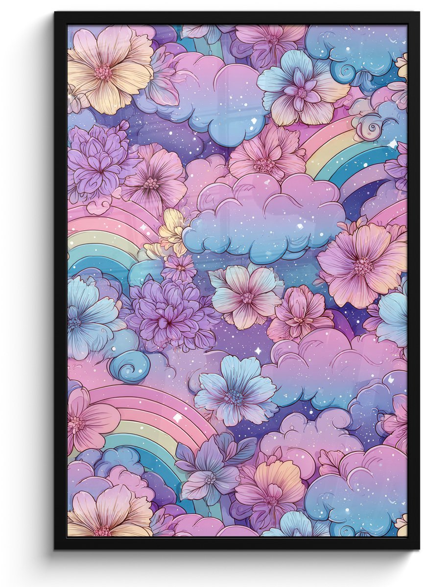 FrameYourWall Poster in lijst - Fotolijst 60x90 cm - Posters - Regenbogen - Bloemen - Kleurrijk - Wolken - Posterlijst zwart - Decoratie - Wanddecoratie woonkamer - Muurdecoratie slaapkamer