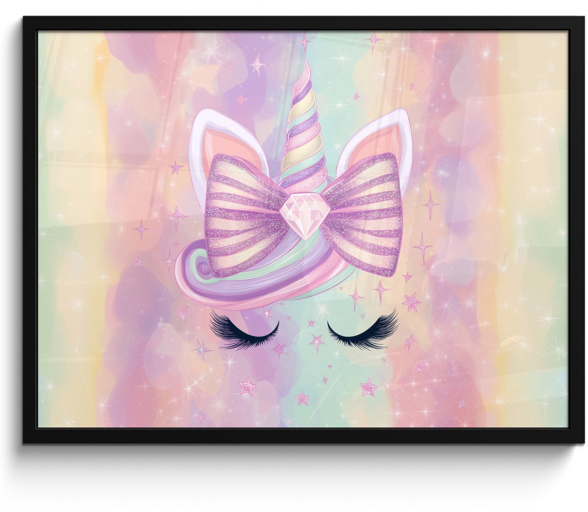 FrameYourWall Poster in lijst - Fotolijst 80x60 cm - Posters - Eenhoorn - Glitters - Regenboog - Pastel - Posterlijst zwart - Decoratie - Wanddecoratie woonkamer - Muurdecoratie slaapkamer