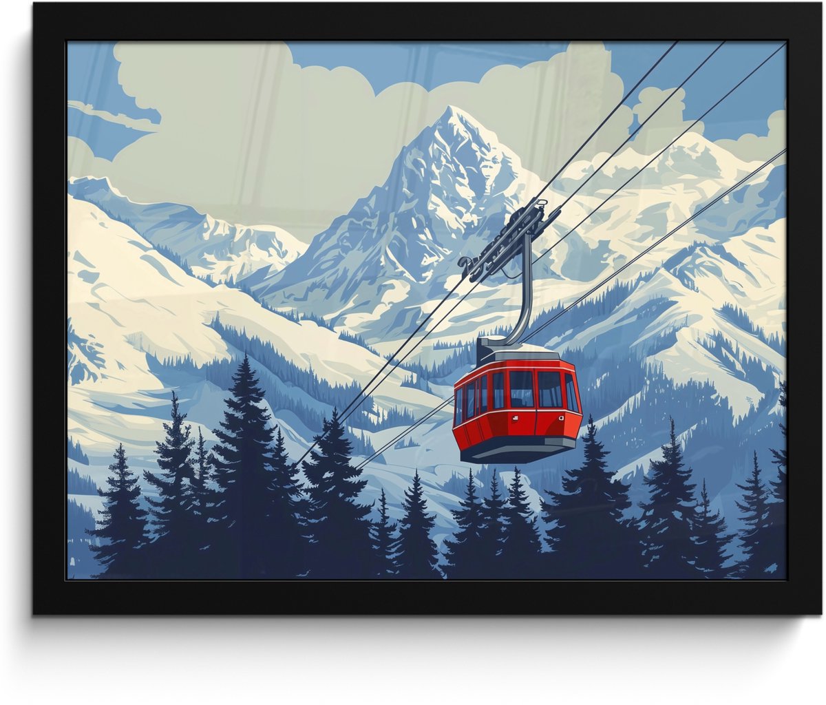 FrameYourWall Poster in lijst - Fotolijst 40x30 cm - Posters - Kabelbaan - Sneeuw - Berglandschap - Posterlijst zwart - Decoratie - Wanddecoratie woonkamer - Muurdecoratie slaapkamer Kabelbaan - Bergen - Sneeuw