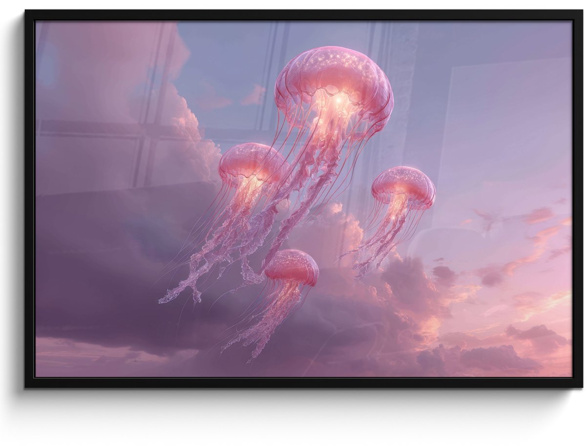 FrameYourWall Poster in lijst - Fotolijst 120x80 cm - Posters - Kwallen - Roze - Wolken - Posterlijst zwart - Decoratie - Wanddecoratie woonkamer - Muurdecoratie slaapkamer