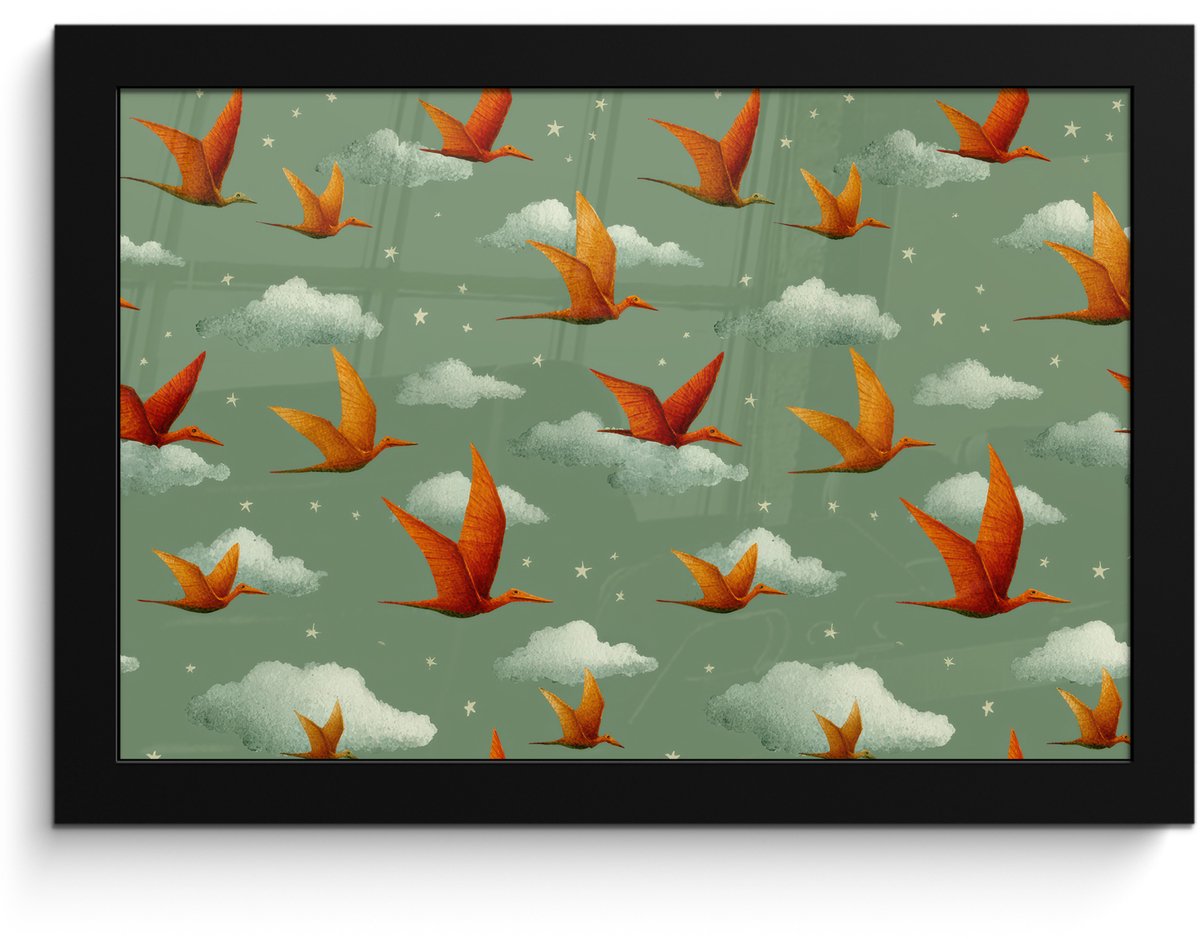 FrameYourWall Poster in lijst - Fotolijst 30x20 cm - Posters - Dinosaurussen - Wolken - Sterren - Oranje - Posterlijst zwart - Decoratie - Wanddecoratie woonkamer - Muurdecoratie slaapkamer