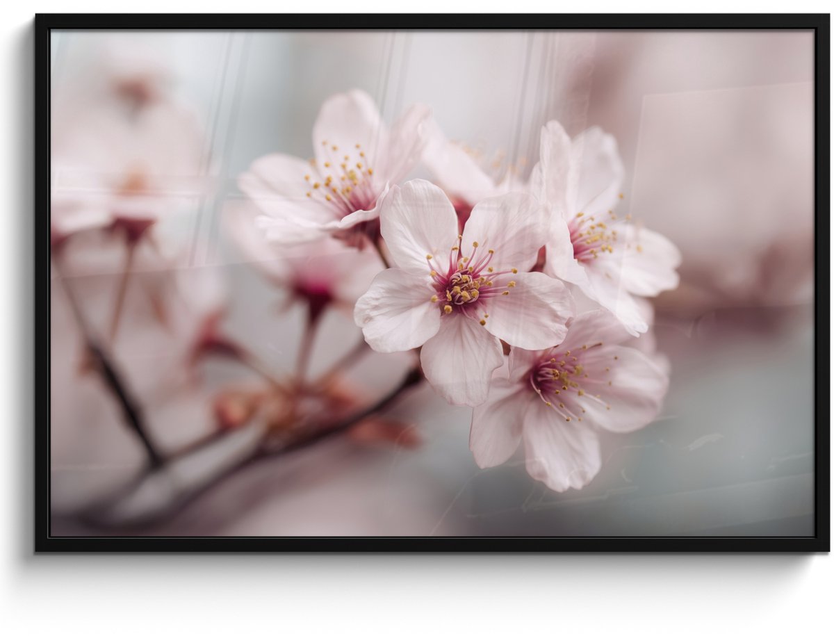 FrameYourWall Poster in lijst - Fotolijst 120x80 cm - Posters - Bloesems - Meeldraden - Geel - Wazig - Posterlijst zwart - Decoratie - Wanddecoratie woonkamer - Muurdecoratie slaapkamer