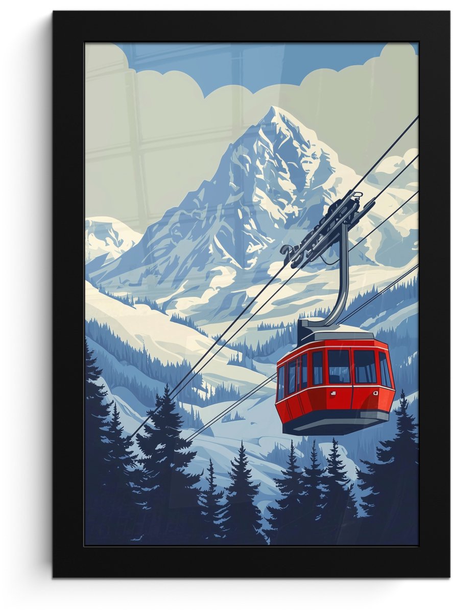 FrameYourWall Poster in lijst - Fotolijst 20x30 cm - Posters - Kabelbaan - Sneeuw - Berglandschap - Posterlijst zwart - Decoratie - Wanddecoratie woonkamer - Muurdecoratie slaapkamer Kabelbaan - Bergen - Sneeuw