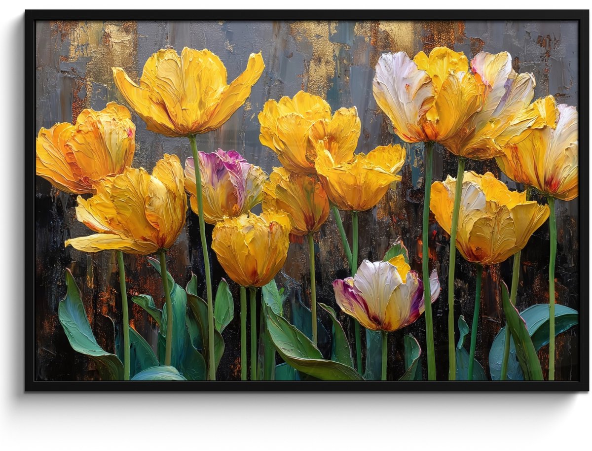 FrameYourWall Poster in lijst - Fotolijst 120x80 cm - Posters - Tulpen - Geel - Penseelstreken - Abstract - Posterlijst zwart - Decoratie - Wanddecoratie woonkamer - Muurdecoratie slaapkamer