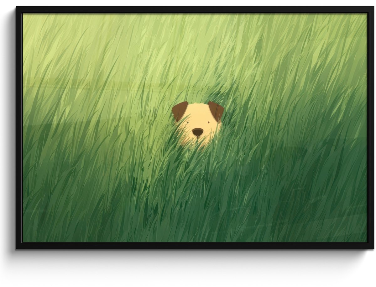FrameYourWall Poster in lijst - Fotolijst 120x80 cm - Posters - Hondje - Gras - Oren - Bruin - Posterlijst zwart - Decoratie - Wanddecoratie woonkamer - Muurdecoratie slaapkamer - Kerstversiering - Kerstdecoratie voor binnen - Kerstmis