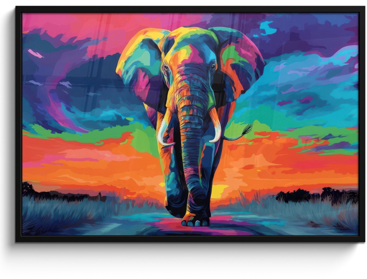 FrameYourWall Poster in lijst - Fotolijst 120x80 cm - Posters - Olifant - Kleurrijk - Lucht - Abstract - Posterlijst zwart - Decoratie - Wanddecoratie woonkamer - Muurdecoratie slaapkamer
