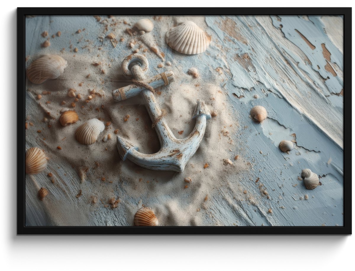 FrameYourWall Poster in lijst - Fotolijst 90x60 cm - Posters - Anker - Hout - Schelpen - Zand - Posterlijst zwart - Decoratie - Wanddecoratie woonkamer - Muurdecoratie slaapkamer