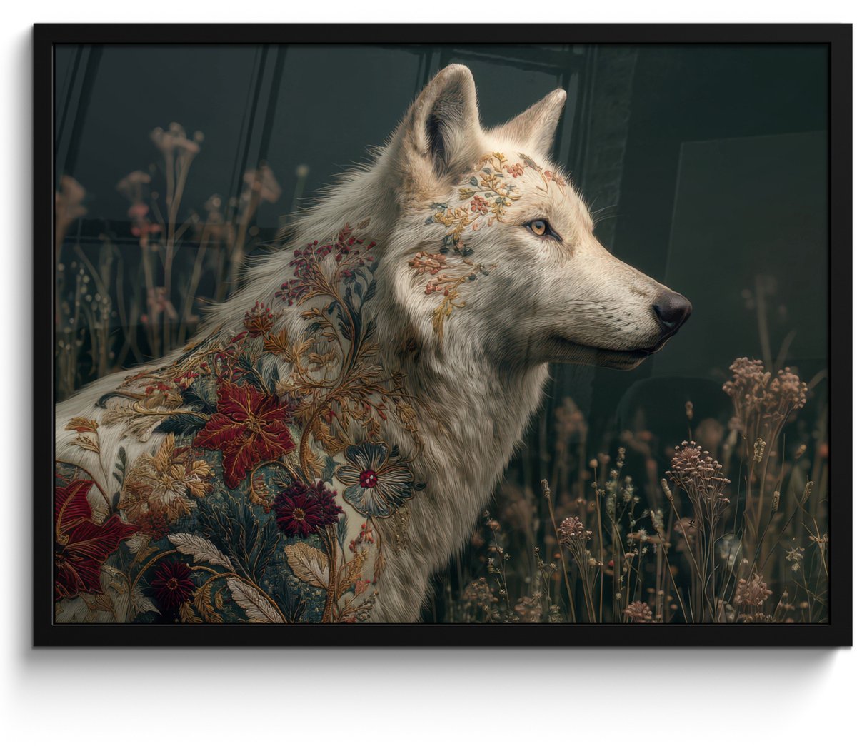 FrameYourWall Poster in lijst - Fotolijst 80x60 cm - Posters - Wolf - Bloemen - Natuur - Posterlijst zwart - Decoratie - Wanddecoratie woonkamer - Muurdecoratie slaapkamer