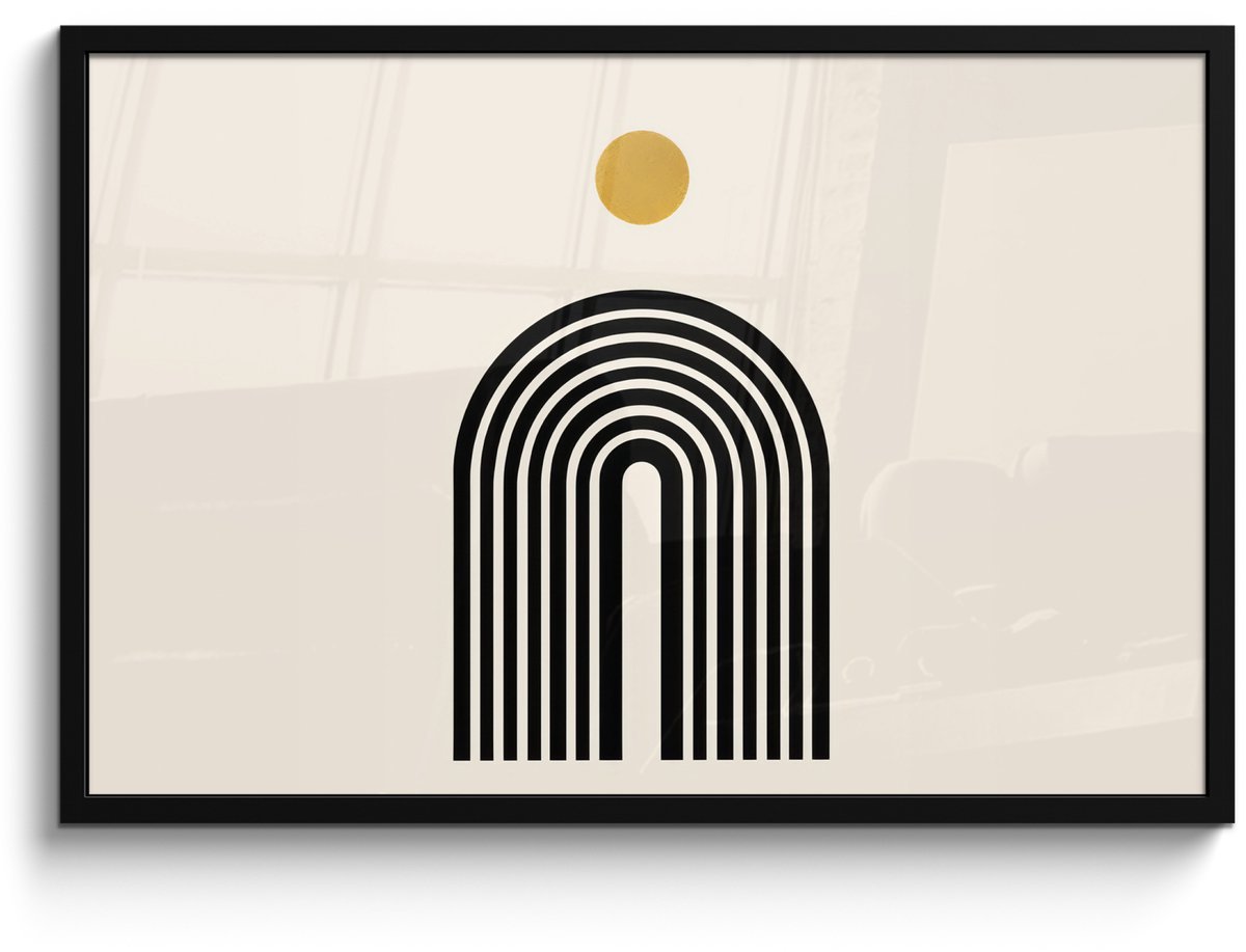 FrameYourWall Poster in lijst - Fotolijst 90x60 cm - Posters - Minimalistisch - Zwarte boog - Gouden cirkel - Posterlijst zwart - Decoratie - Wanddecoratie woonkamer - Muurdecoratie slaapkamer Boog - Cirkel