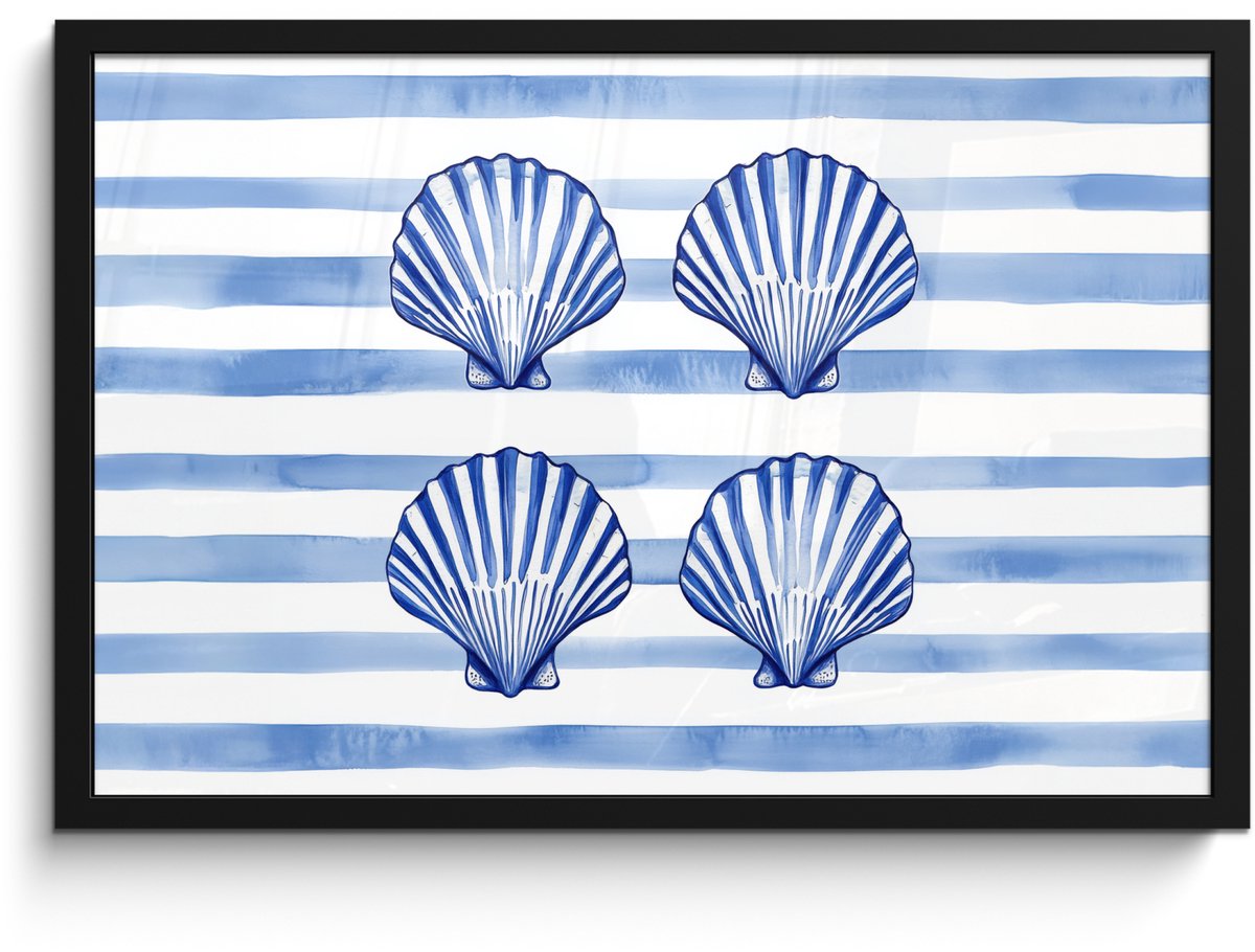 FrameYourWall Poster in lijst - Fotolijst 60x40 cm - Posters - Vier schelpen - Blauw - Wit - Strepen - Posterlijst zwart - Decoratie - Wanddecoratie woonkamer - Muurdecoratie slaapkamer Schelpen - Strepen