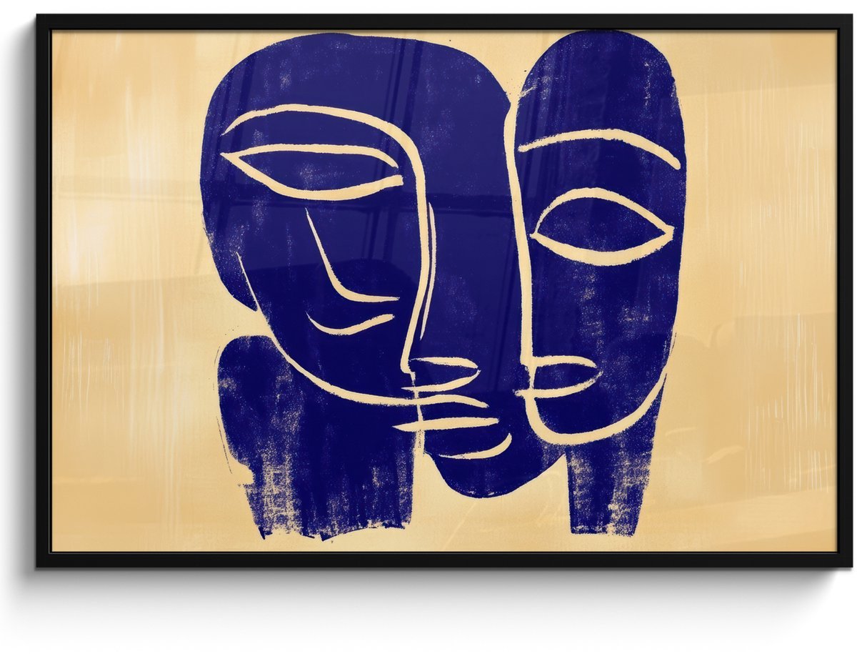 FrameYourWall Poster in lijst - Fotolijst 120x80 cm - Posters - Okergeel - Blauw - Eenvoudige lijnen - Posterlijst zwart - Decoratie - Wanddecoratie woonkamer - Muurdecoratie slaapkamer Lijnen - Gezichten