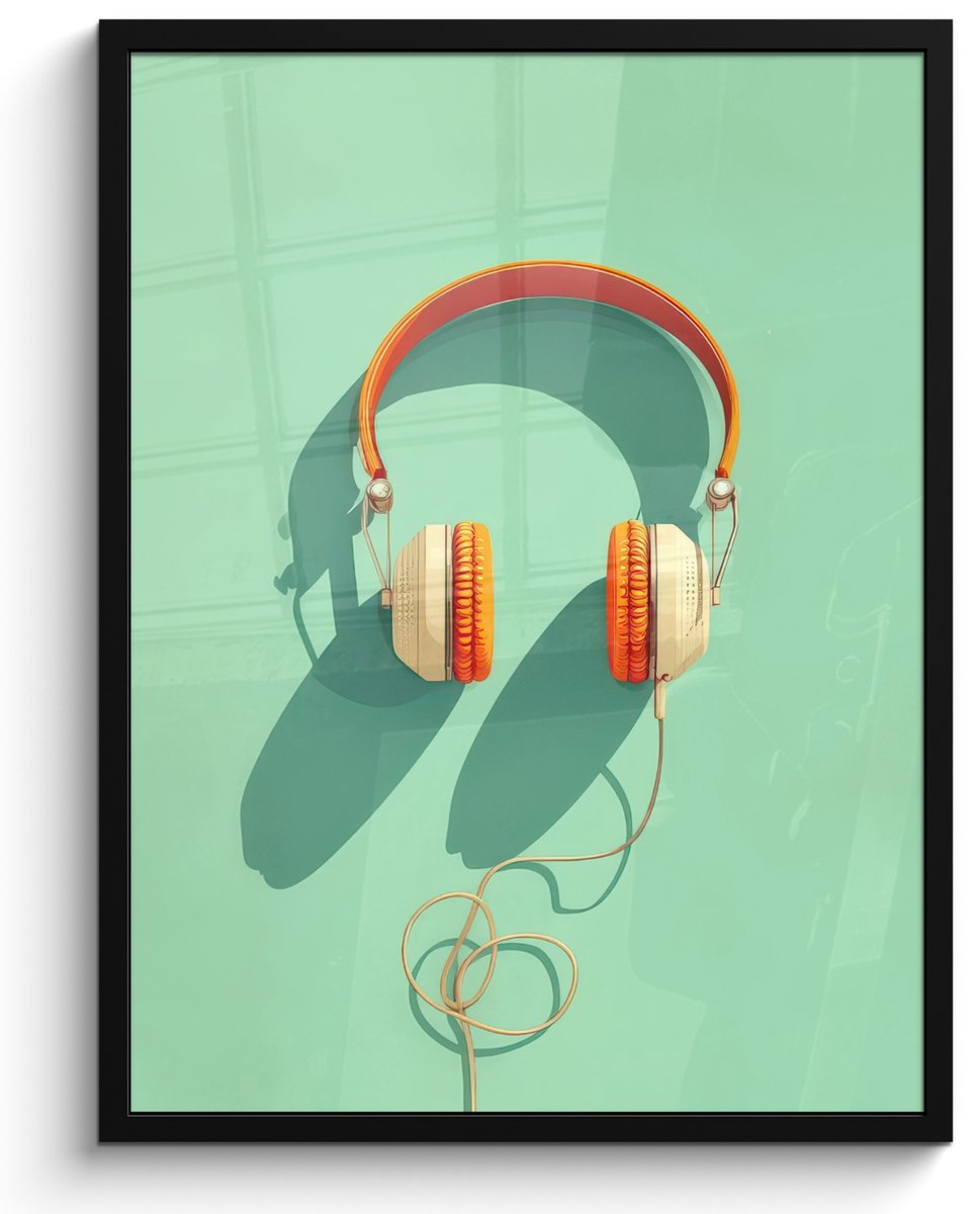 FrameYourWall Poster in lijst - Fotolijst 60x80 cm - Posters - Koptelefoon - Oranje - Snoer - Minimalistisch - Posterlijst zwart - Decoratie - Wanddecoratie woonkamer - Muurdecoratie slaapkamer - Kerstversiering - Kerstdecoratie voor binnen - Kerstmis Koptelefoon - Snoer