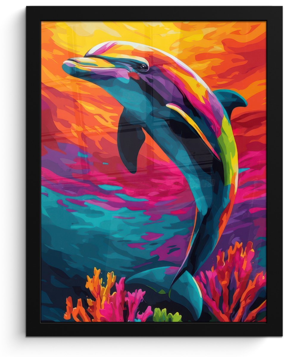 FrameYourWall Poster in lijst - Fotolijst 30x40 cm - Posters - Dolfijn - Kleurrijk - Oceaan - Koraal - Posterlijst zwart - Decoratie - Wanddecoratie woonkamer - Muurdecoratie slaapkamer
