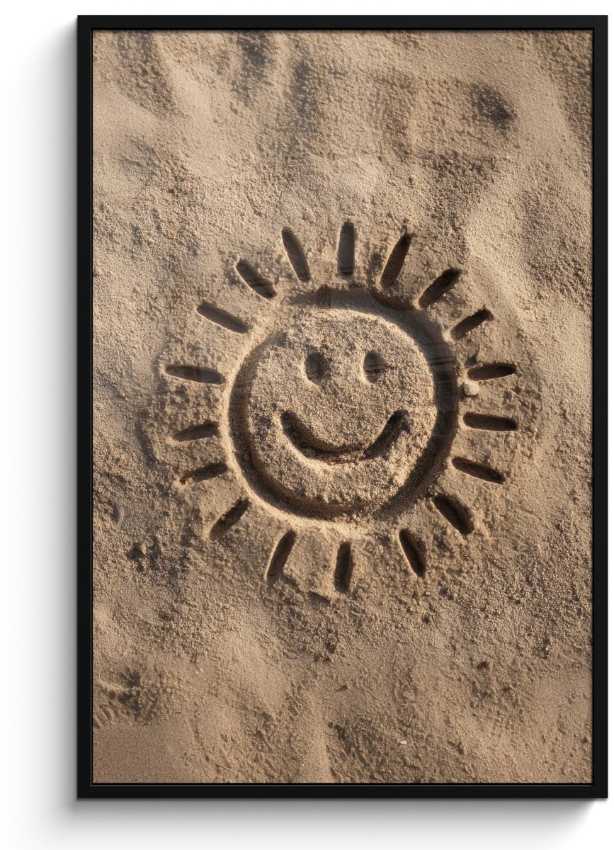 FrameYourWall Poster in lijst - Fotolijst 80x120 cm - Posters - Gezichtje - Zon - Zand - Getekend - Posterlijst zwart - Decoratie - Wanddecoratie woonkamer - Muurdecoratie slaapkamer