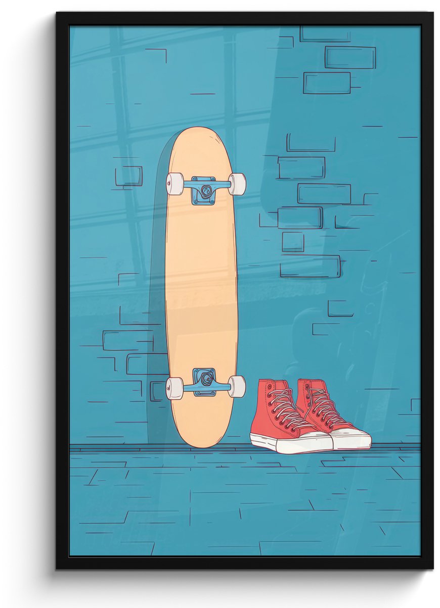 FrameYourWall Poster in lijst - Fotolijst 60x90 cm - Posters - Skateboard - Gympen - Rood - Minimalistisch - Posterlijst zwart - Decoratie - Wanddecoratie woonkamer - Muurdecoratie slaapkamer - Kerstversiering - Kerstdecoratie voor binnen - Kerstmis