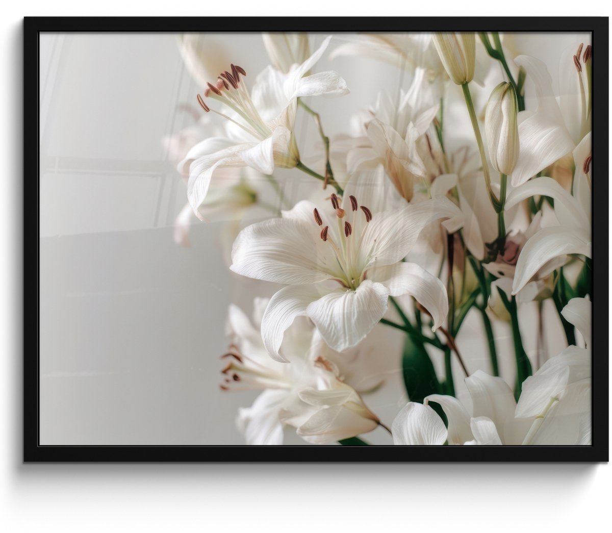 FrameYourWall Poster in lijst - Fotolijst 80x60 cm - Posters - Lelies - Boekte - Wit - Meeldraden - Posterlijst zwart - Decoratie - Wanddecoratie woonkamer - Muurdecoratie slaapkamer Lelies - Meeldraden