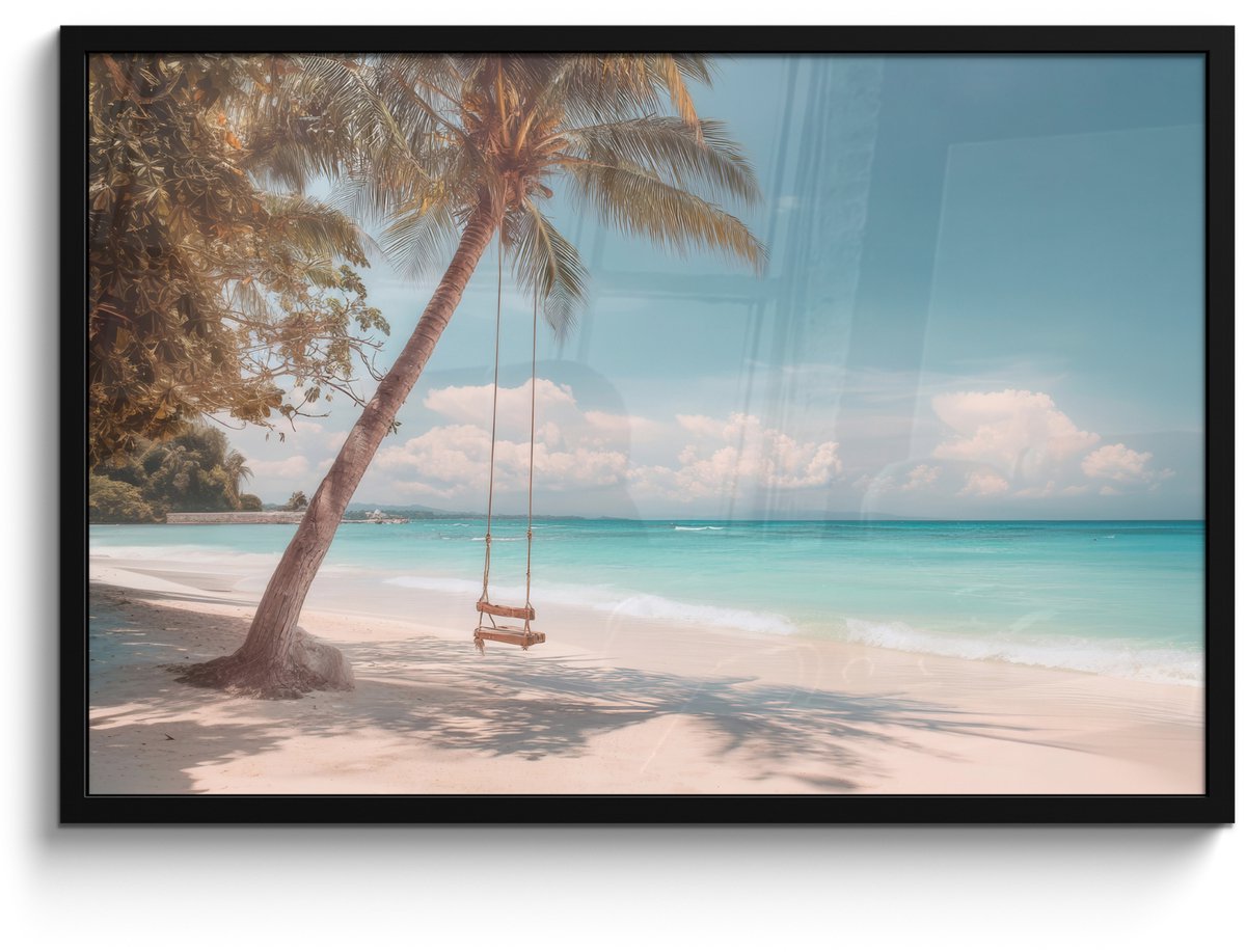 FrameYourWall Poster in lijst - Fotolijst 90x60 cm - Posters - Palmboom - Schommel - Strand - Lucht - Posterlijst zwart - Decoratie - Wanddecoratie woonkamer - Muurdecoratie slaapkamer