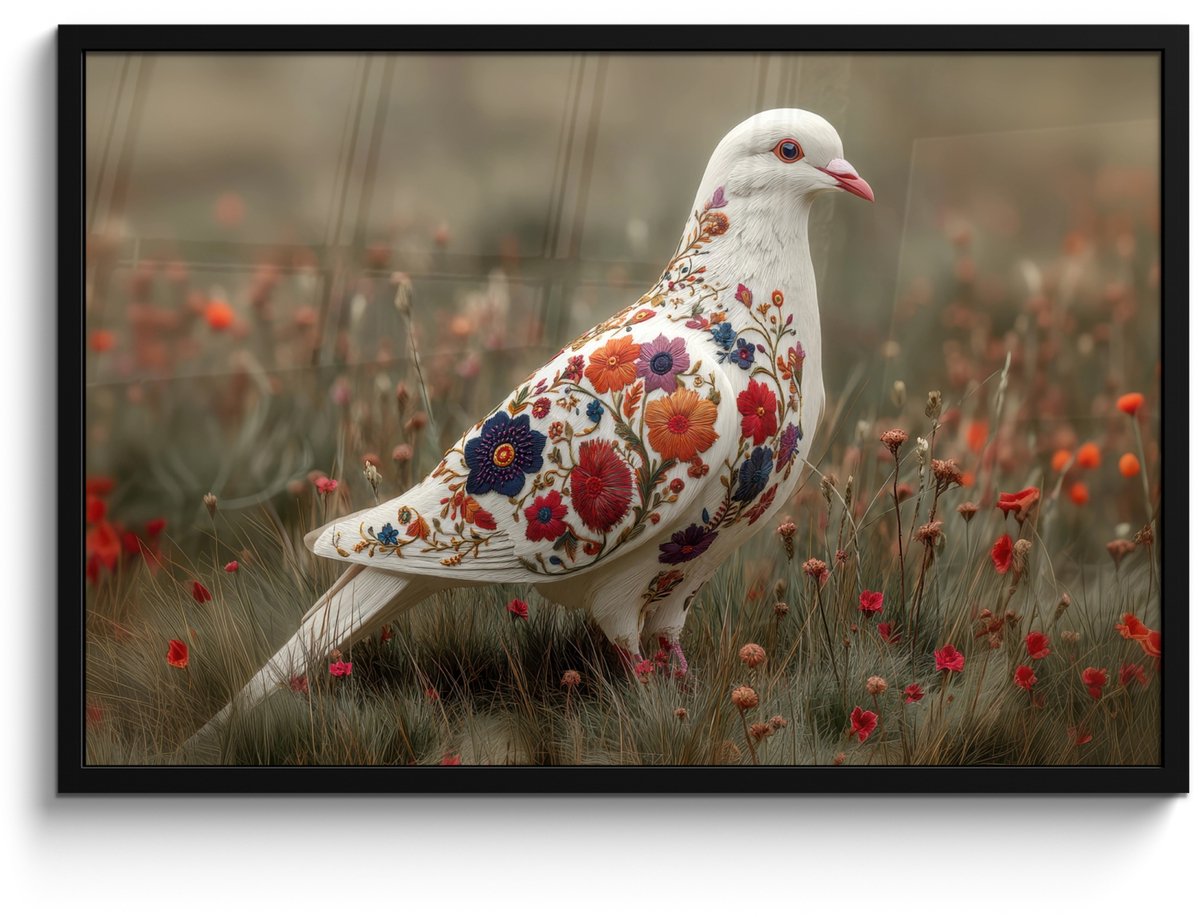 FrameYourWall Poster in lijst - Fotolijst 90x60 cm - Posters - Duif - Bloemen - Natuur - Posterlijst zwart - Decoratie - Wanddecoratie woonkamer - Muurdecoratie slaapkamer